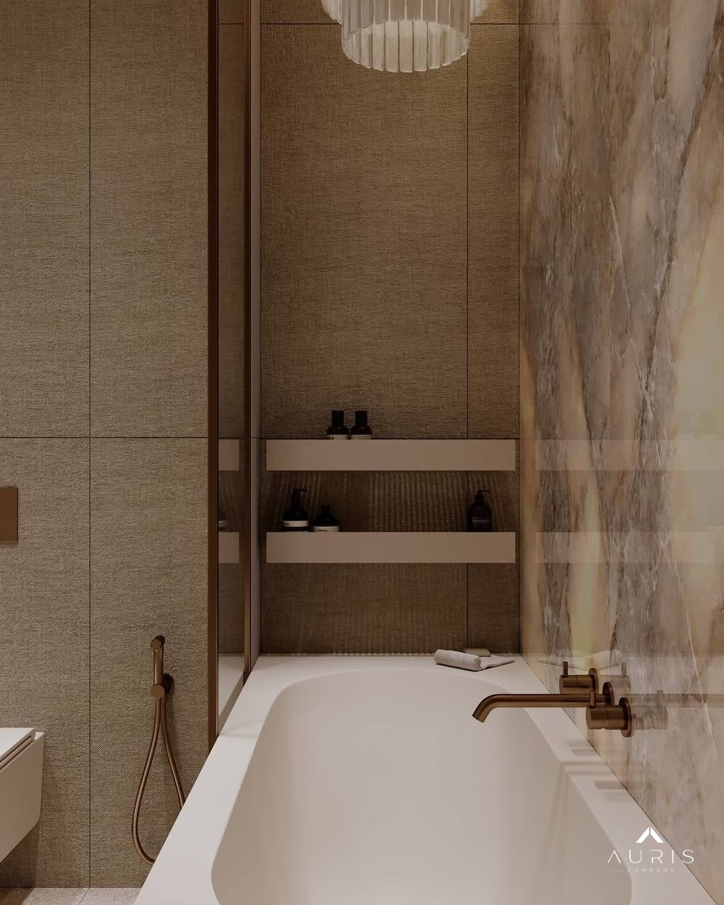 Modern bathroom material palette and fixtures